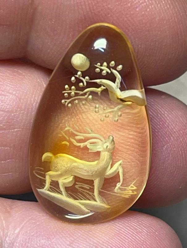Teardrop 27x16mm Carved Stag Amber Cabochon 03