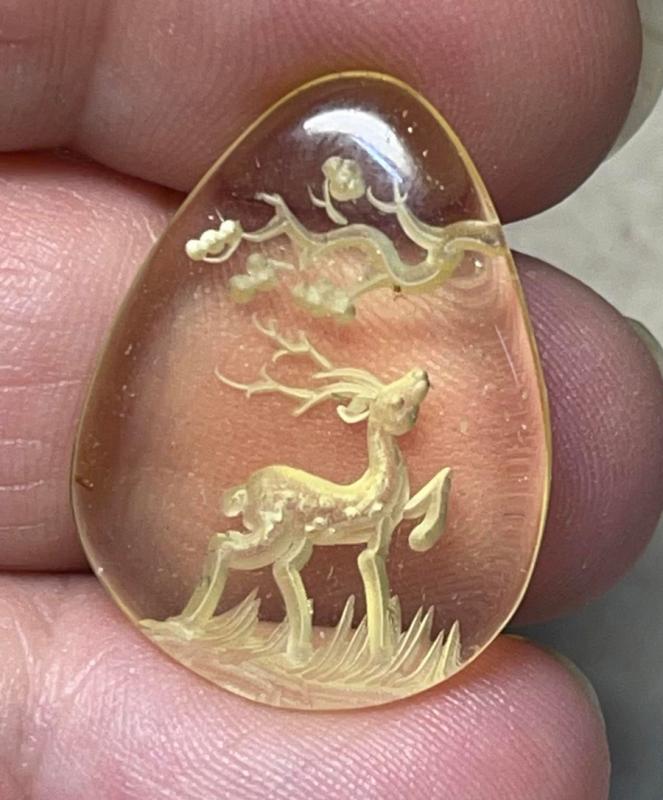 Teardrop 26x20mm Carved Stag Amber Cabochon 06