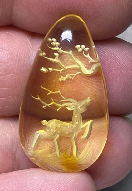 Teardrop 30x17mm Carved Stag Amber Cabochon 11