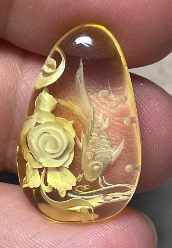 Teardrop 26x16mm Carved Koi Amber Cabochon 14