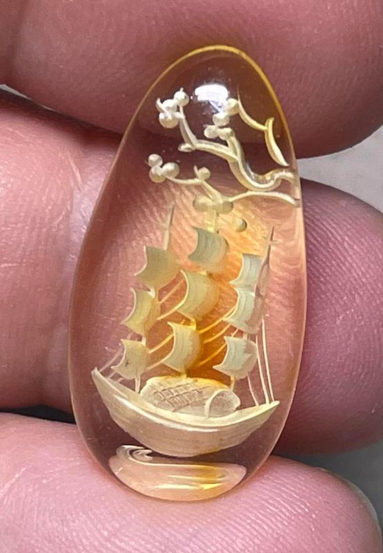 Teardrop 26x14mm Carved Galleon Amber Cabochon 15
