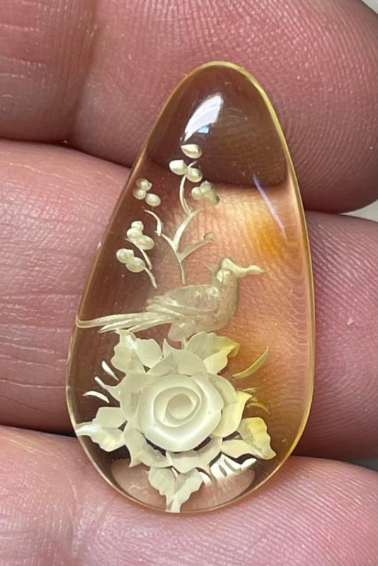 Teardrop 29x16mm Carved Bird Amber Cabochon 26