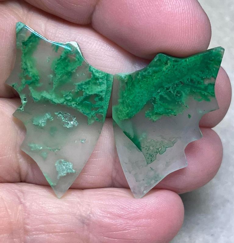 Wing 36x21mm Colour Enhanced Plume Agate Cabochon Pair 09