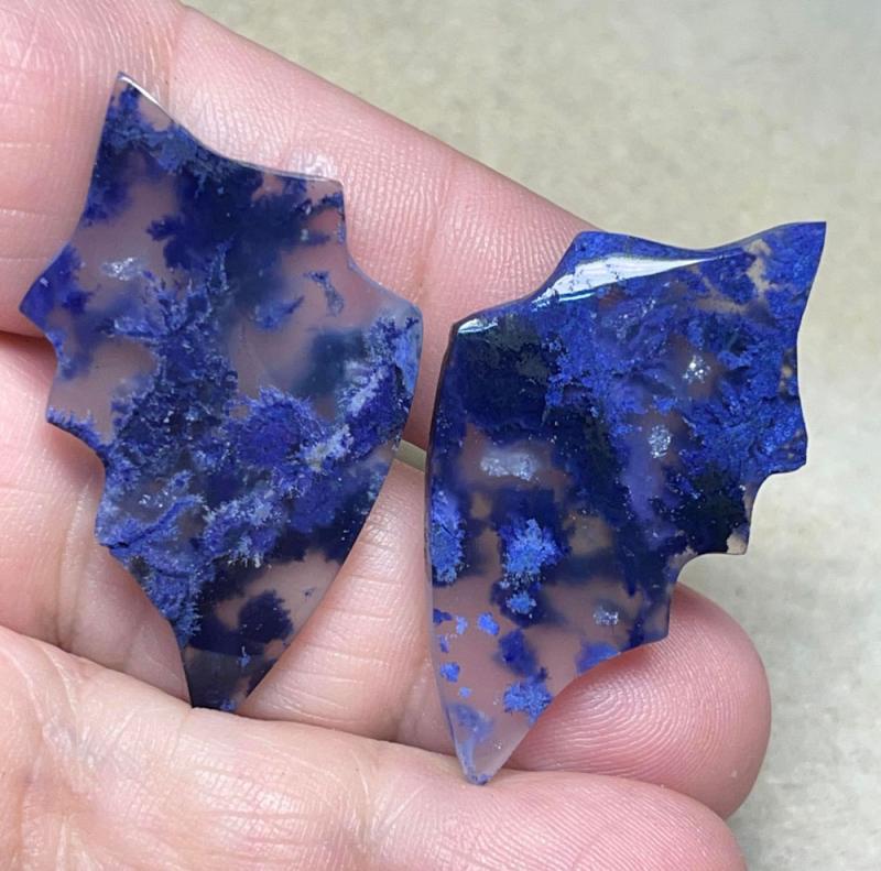 Wing 41x24mm Colour Enhanced Plume Agate Cabochon Pair 11