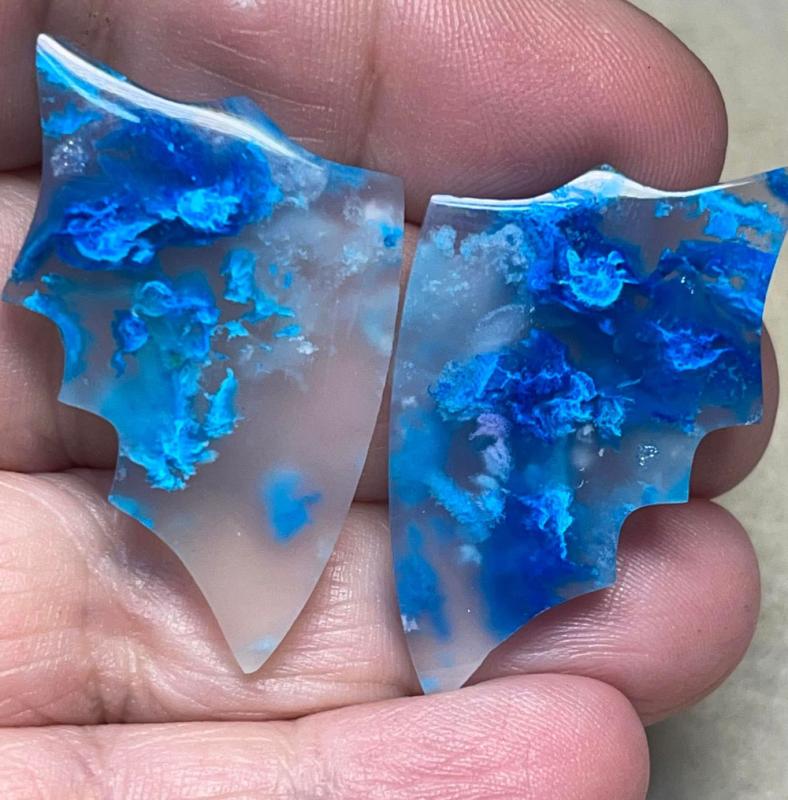 Wing 40x24mm Colour Enhanced Plume Agate Cabochon Pair 13