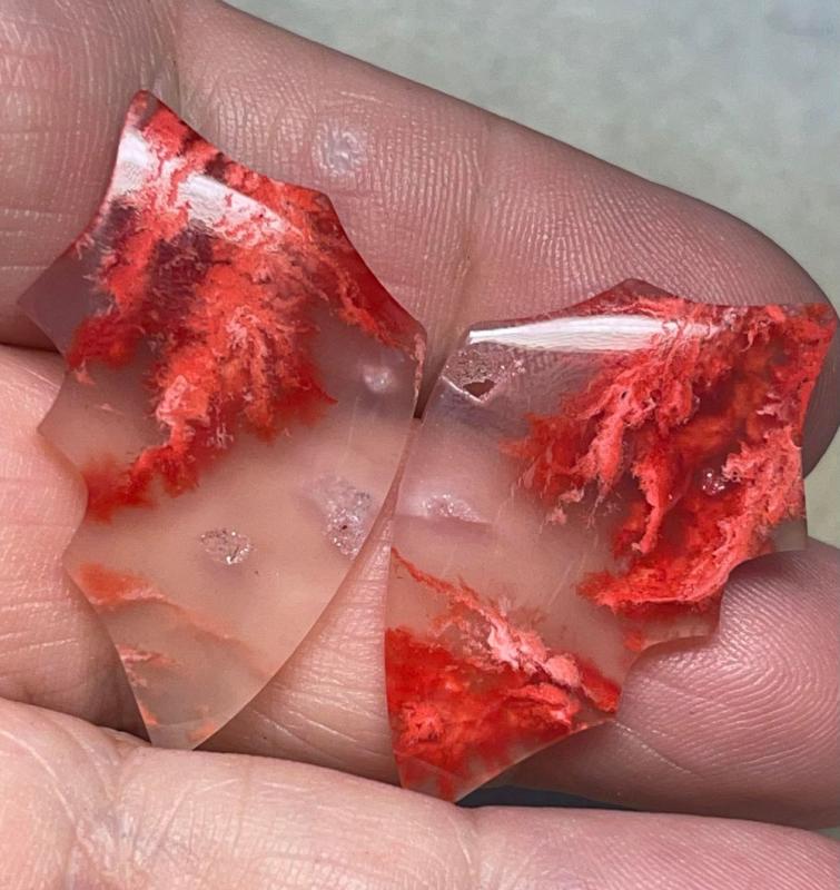 Wing 36x22mm Colour Enhanced Plume Agate Cabochon Pair 17