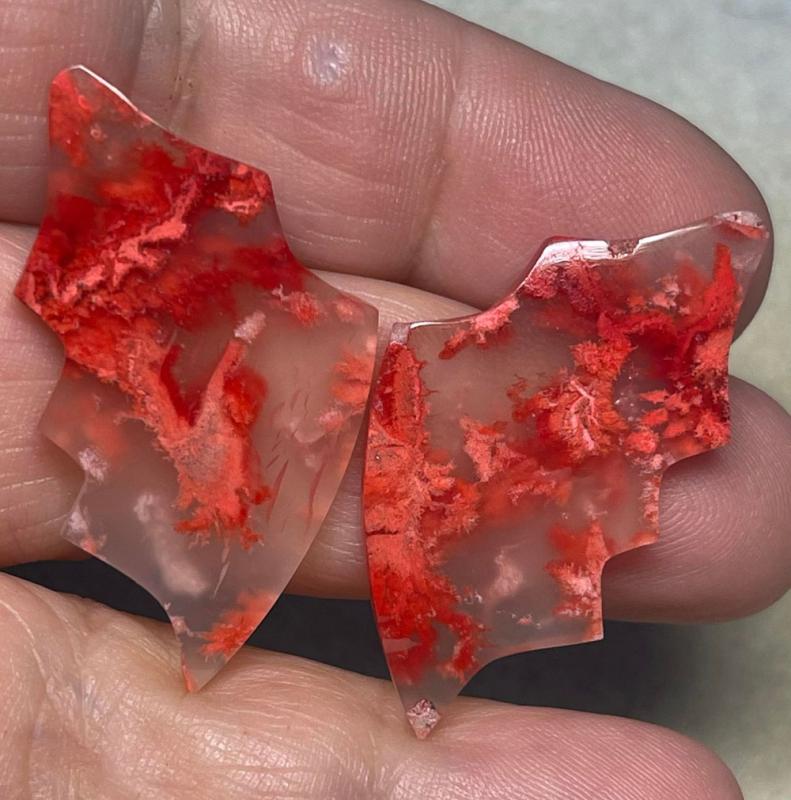 Wing 38x22mm Colour Enhanced Plume Agate Cabochon Pair 19