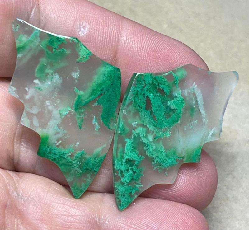 Wing 40x24mm Colour Enhanced Plume Agate Cabochon Pair 24