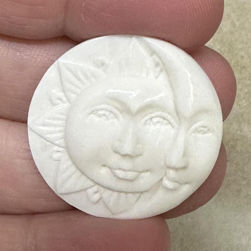 Single Round 30x30mm Carved Bone Fancy Sun and Moon Face Cabochon