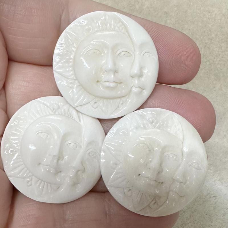 Single Round 30x30mm Carved Bone Fancy Sun and Moon Face Cabochon