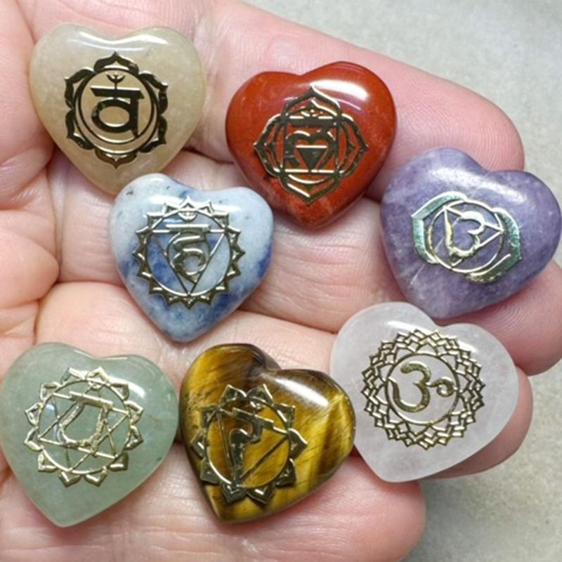 Carved Puff Heart Gemstone Chakra Cabochon Set