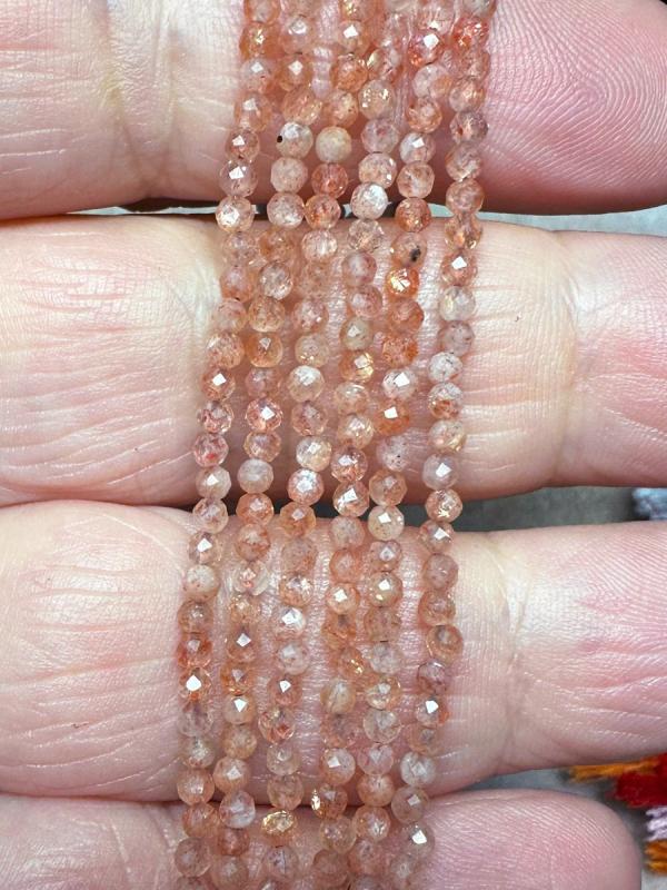 12 inch 2mm Round Faceted Sunstone Bead String