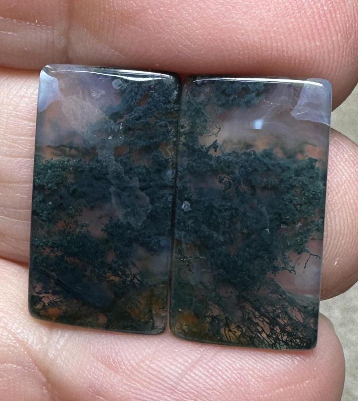 Rectangle 21x12mm Green Moss Agate Cabochon Pair 02