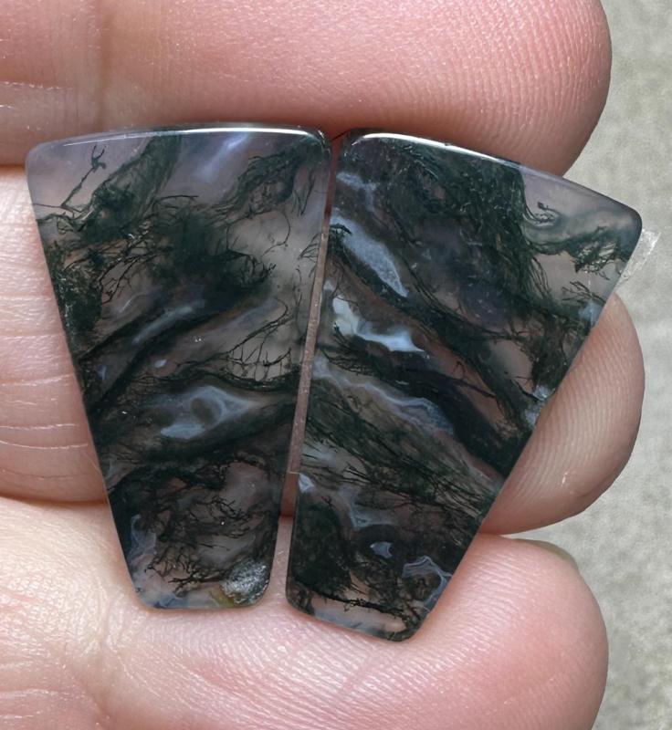 Freeform 23x14mm Green Moss Agate Cabochon Pair 11