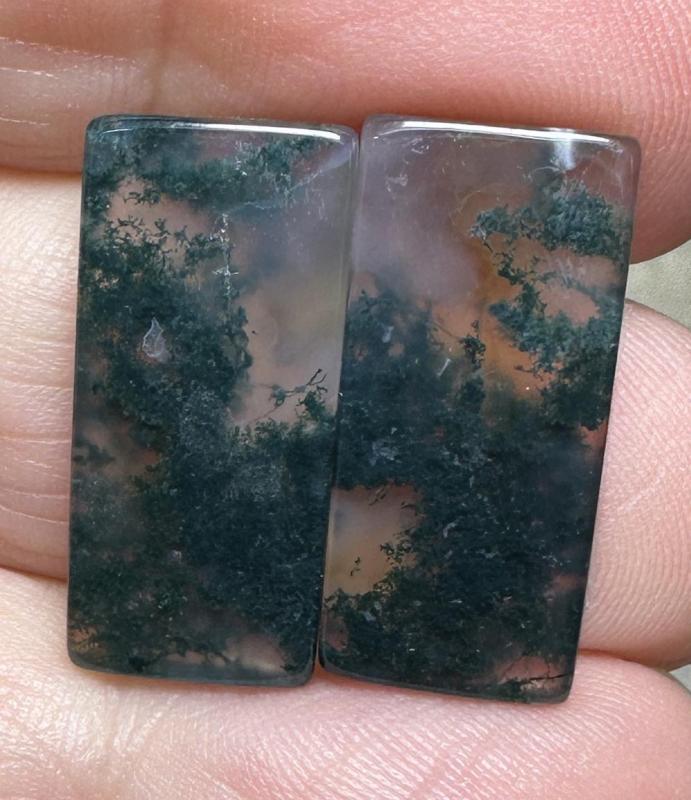 Rectangle 22x10mm Green Moss Agate Cabochon Pair 23