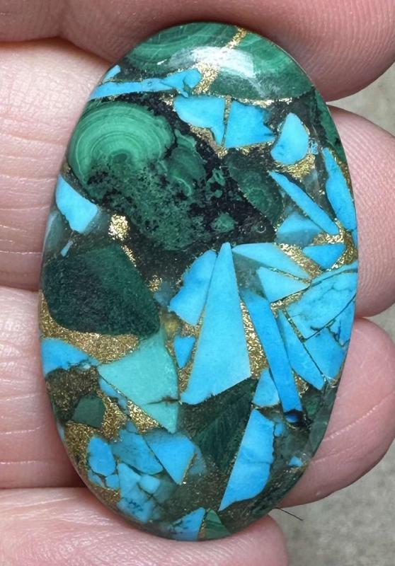 Oval 36x21mm Mohave Turquoise with Malachite Cabochon 06