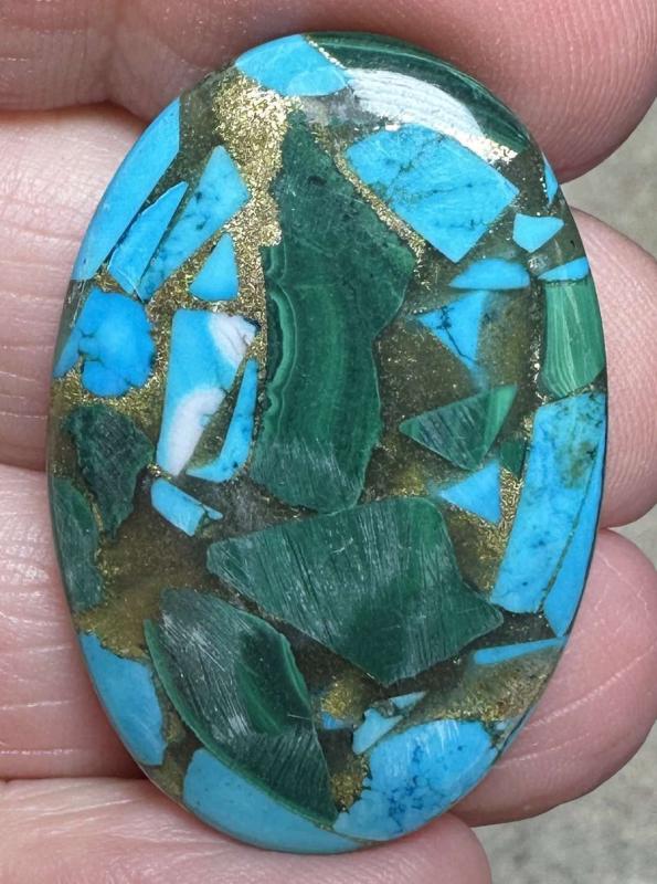 Oval 34x23mm Mohave Turquoise with Malachite Cabochon 14