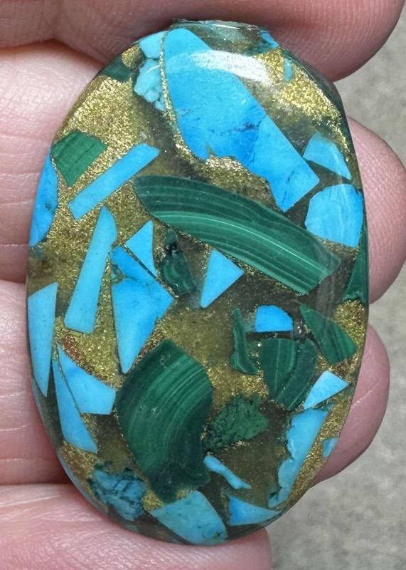 Oval 36x23mm Mohave Turquoise with Malachite Cabochon 17