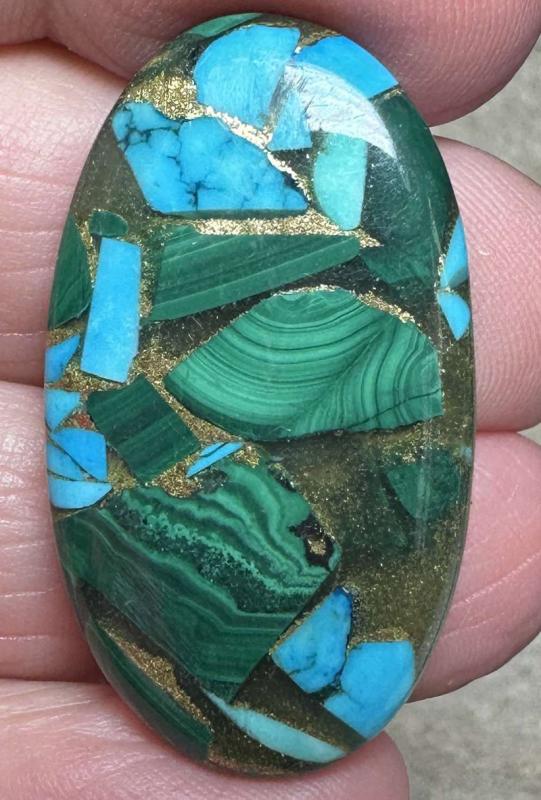 Oval 36x20mm Mohave Turquoise with Malachite Cabochon 19