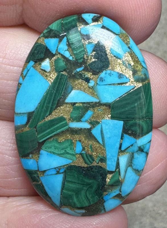 Oval 34x23mm Mohave Turquoise with Malachite Cabochon 20