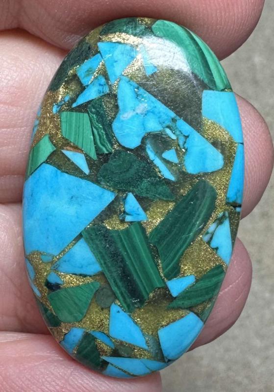 Oval 35x21mm Mohave Turquoise with Malachite Cabochon 28
