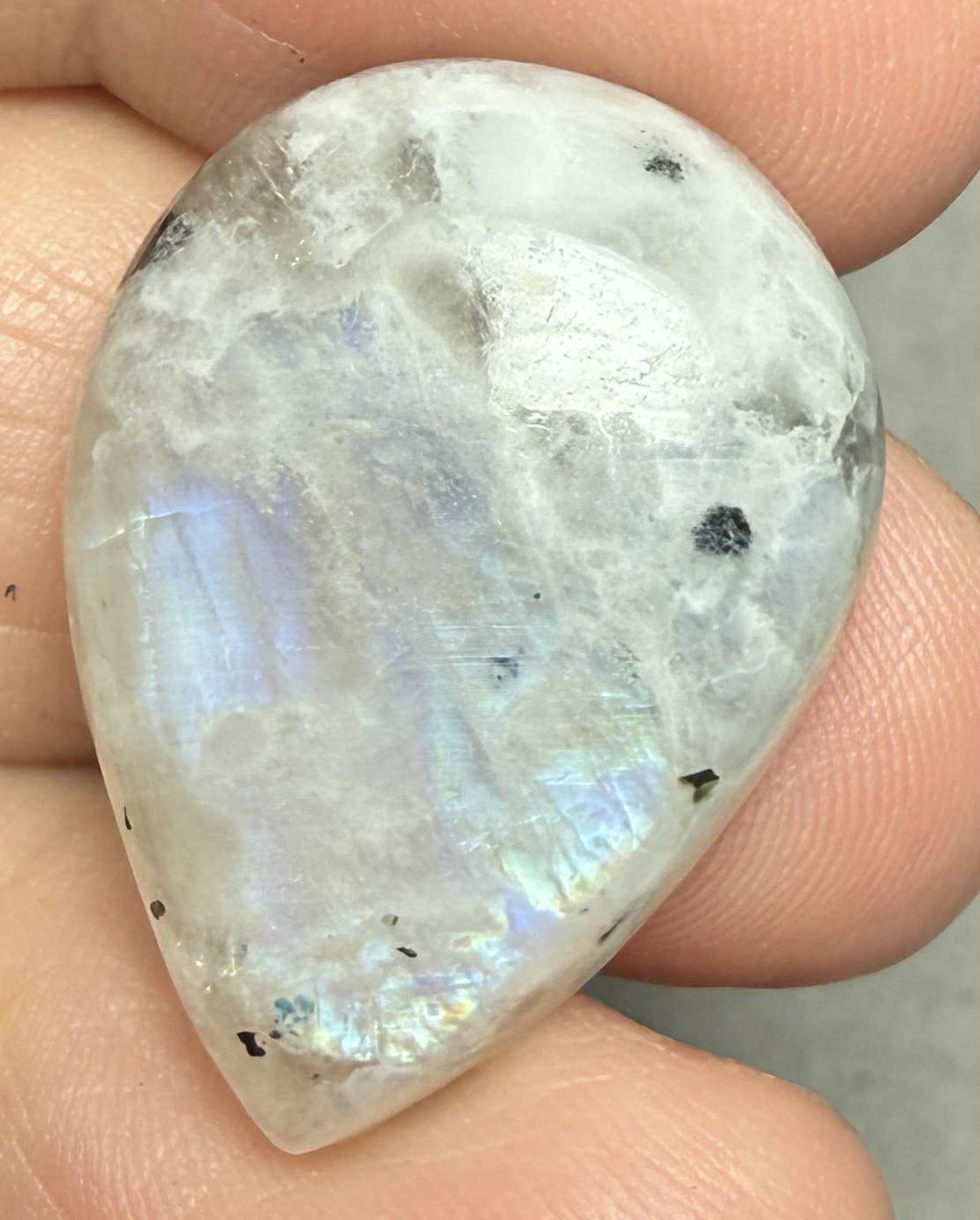 Teardrop 27x20mm Rainbow Moonstone with Tourmaline Cabochon 40