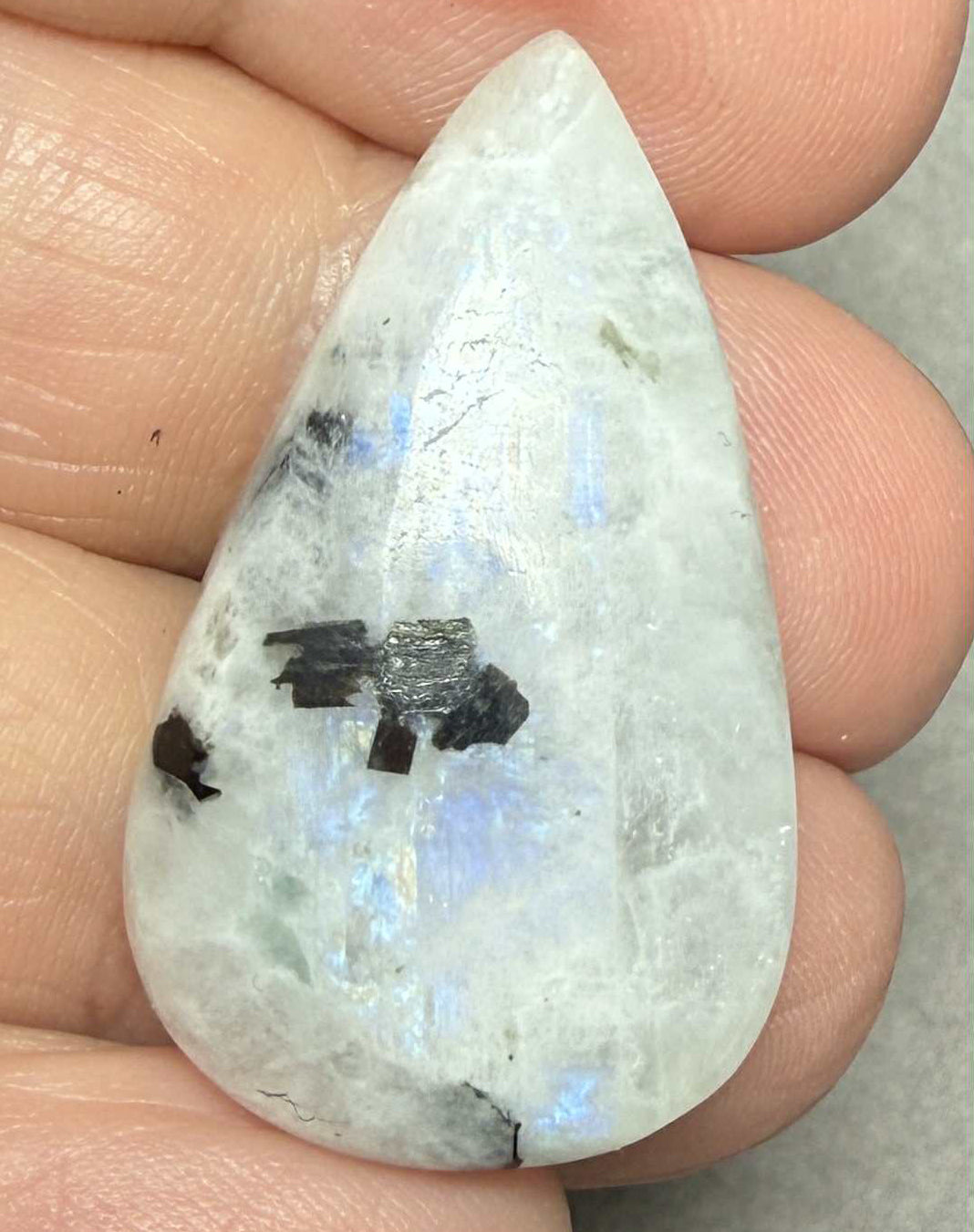 Teardrop 33x19mm Rainbow Moonstone with Tourmaline Cabochon 42