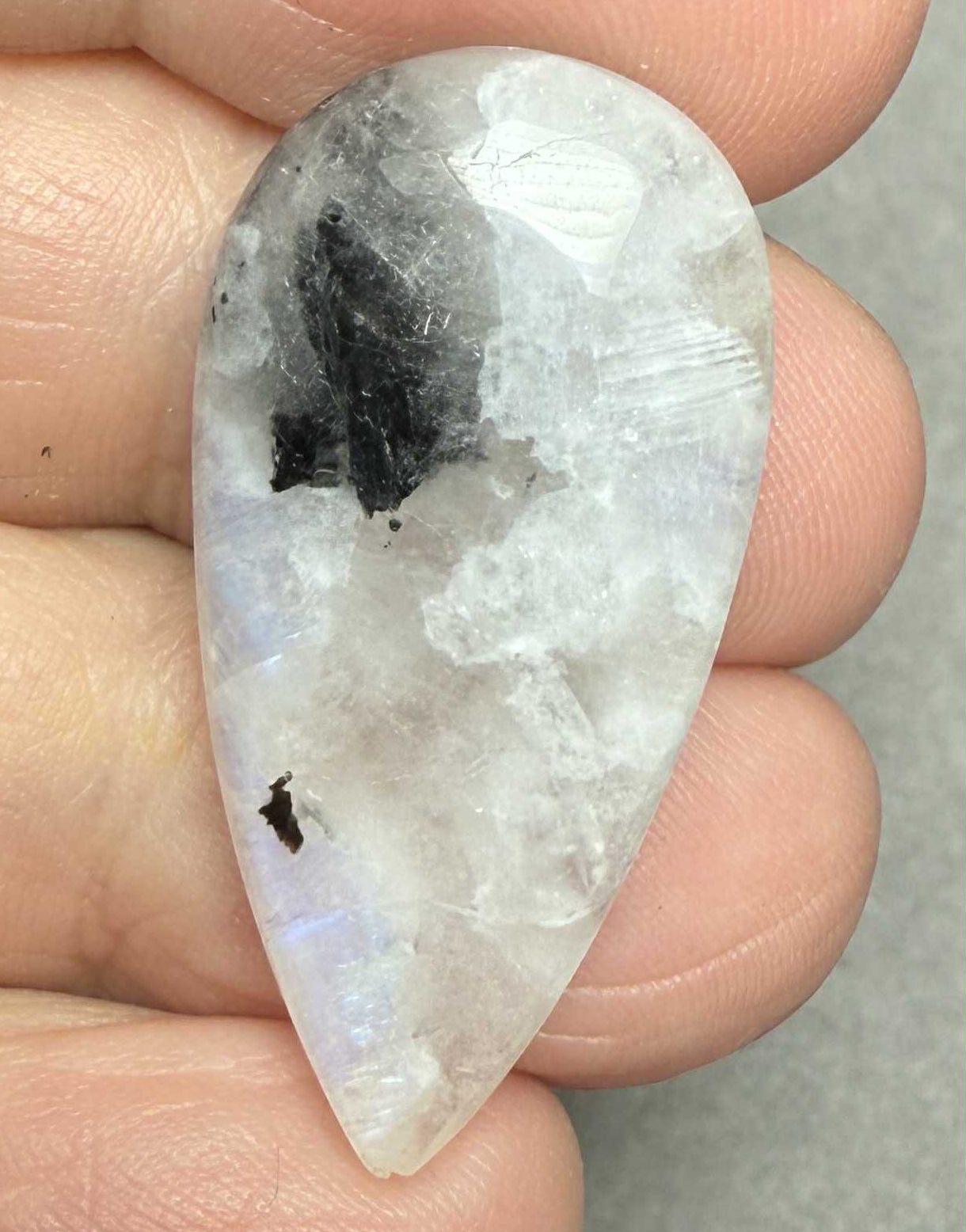 Teardrop 33x17mm Rainbow Moonstone with Tourmaline Cabochon 43