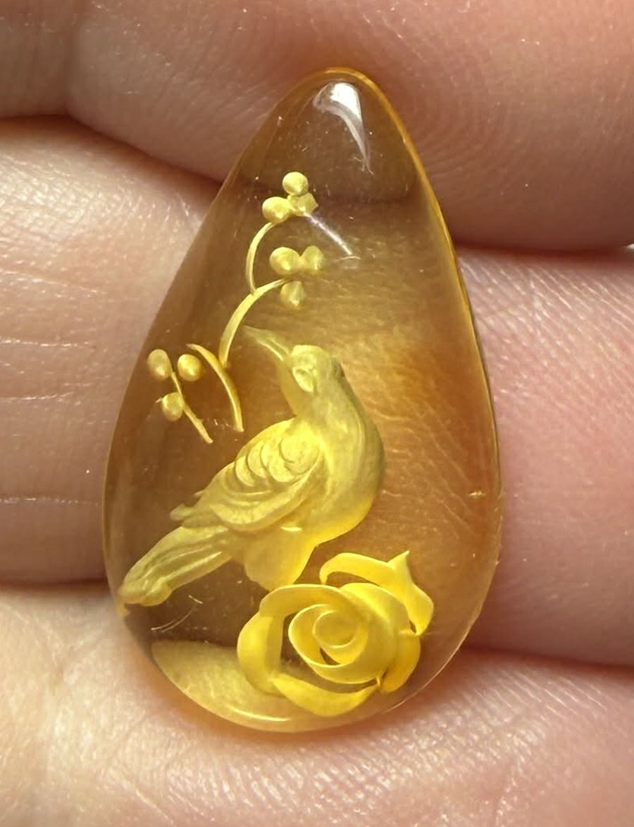 Teardrop 22x13mm Carved Bird Amber Cabochon 45