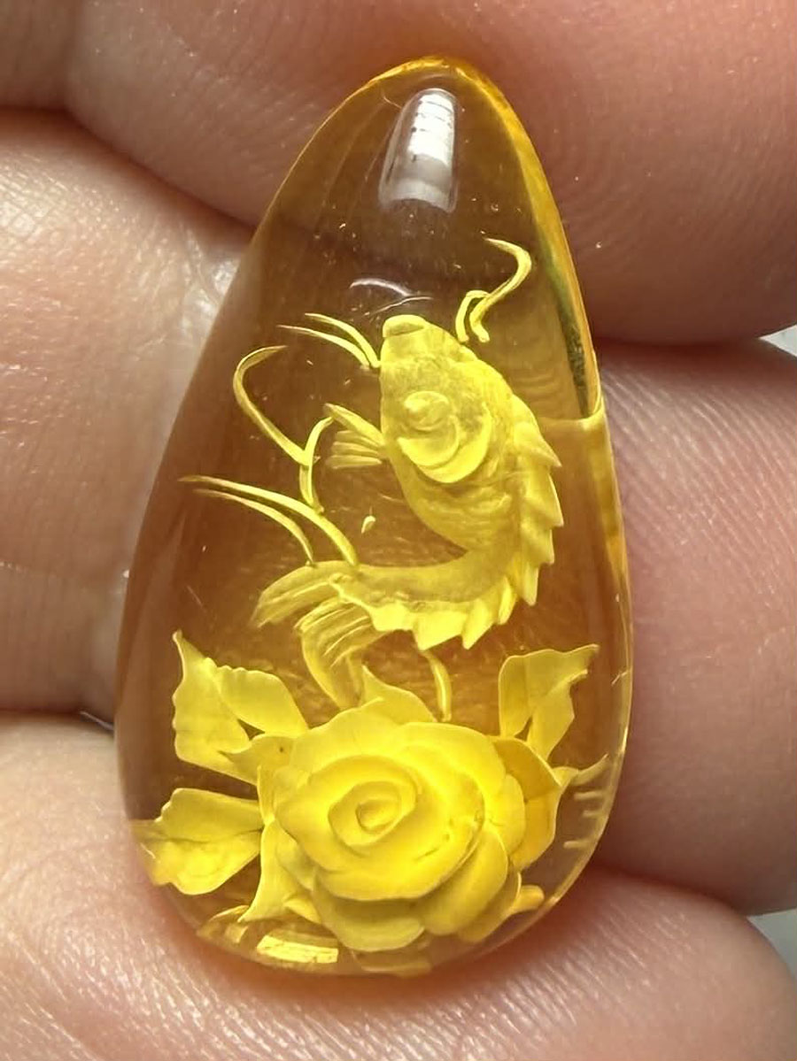 Teardrop 24x13mm Carved Koi Amber Cabochon 51