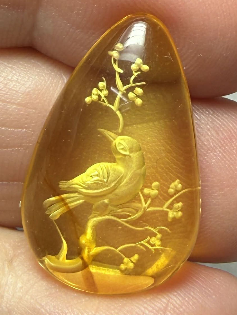 Teardrop 26x16mm Carved Bird Amber Cabochon 52