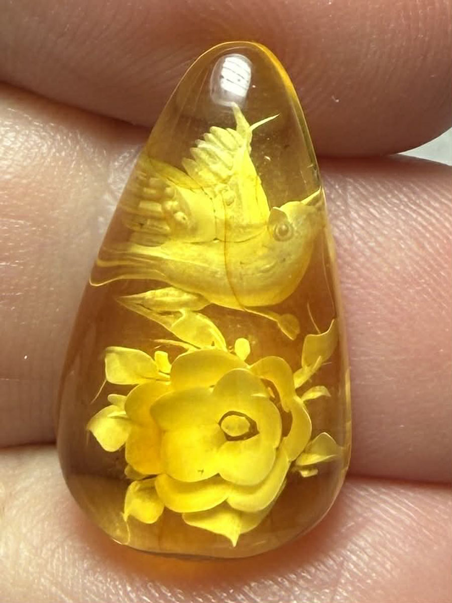 Teardrop 22x13mm Carved Bird Amber Cabochon 56