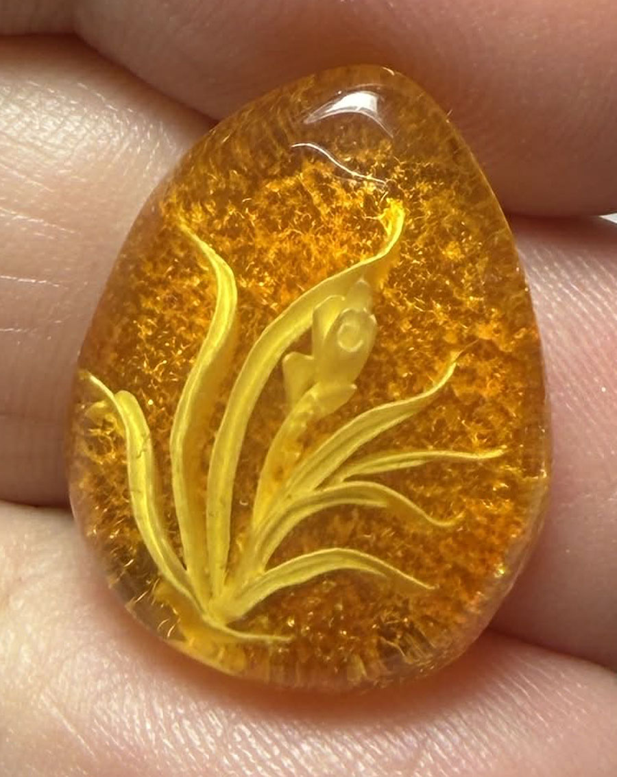 Freeform 21x16mm Carved Flower Amber Cabochon 57