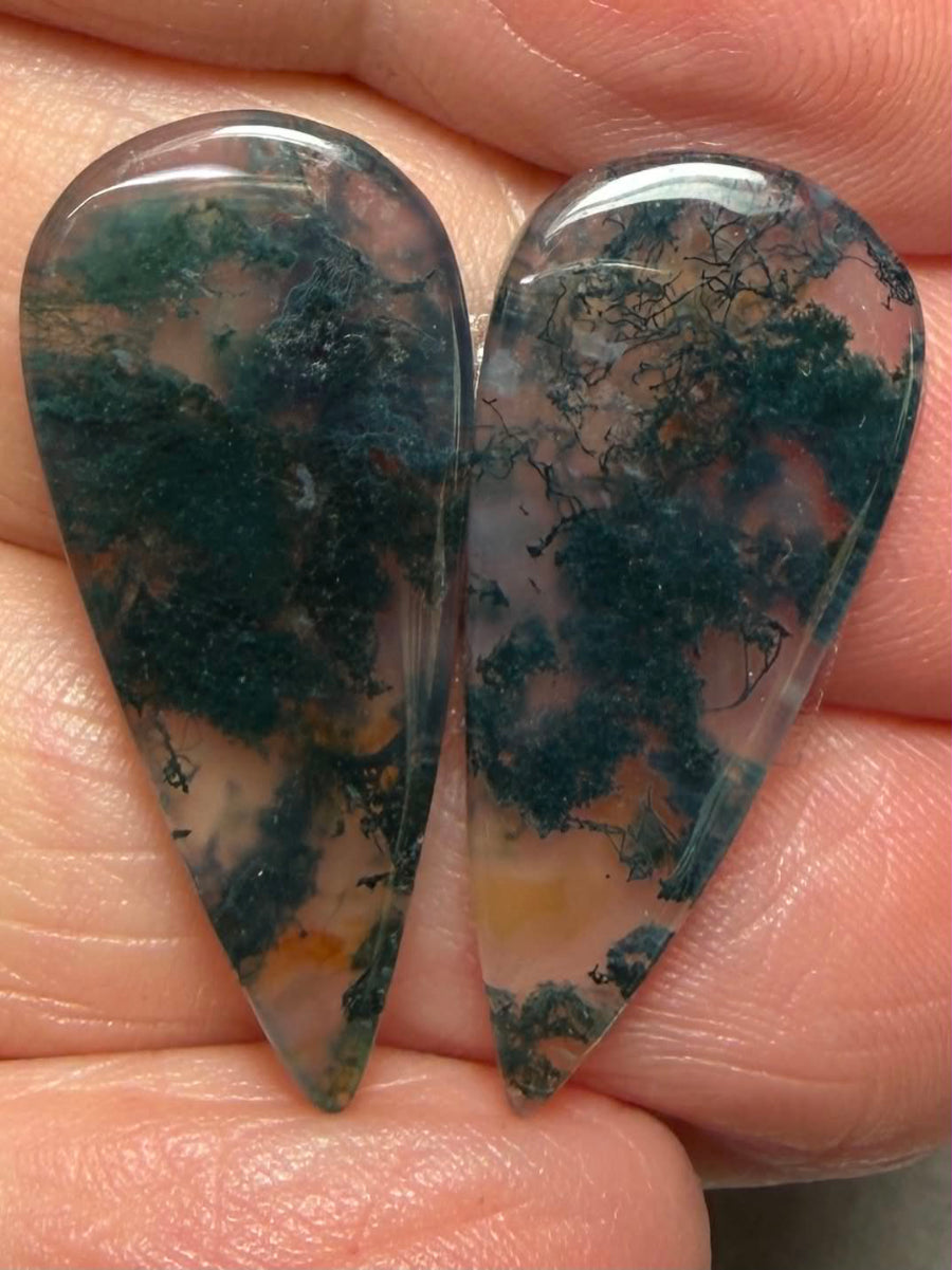 Teardrop 28x12mm Green Moss Agate Cabochon Pair 01