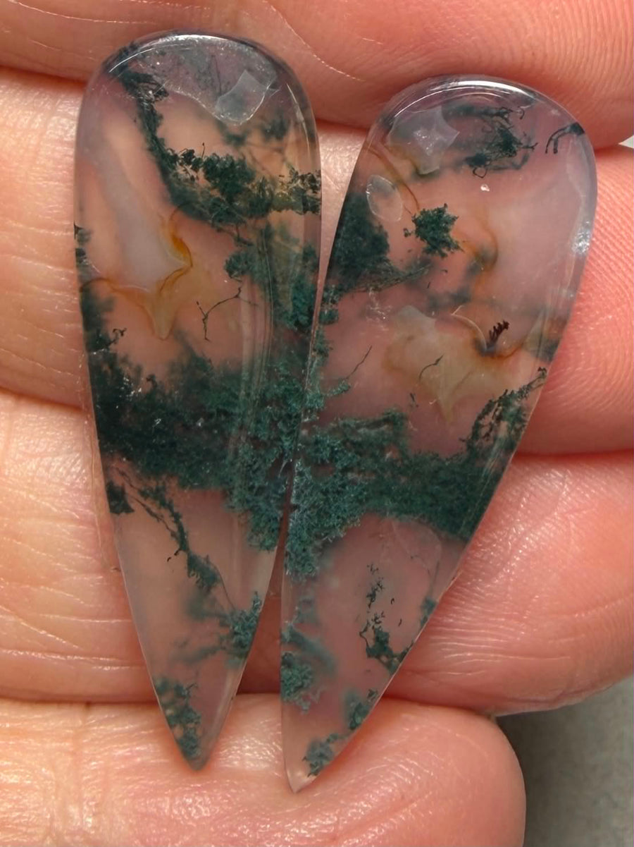 Teardrop 35x12mm Green Moss Agate Cabochon Pair 02