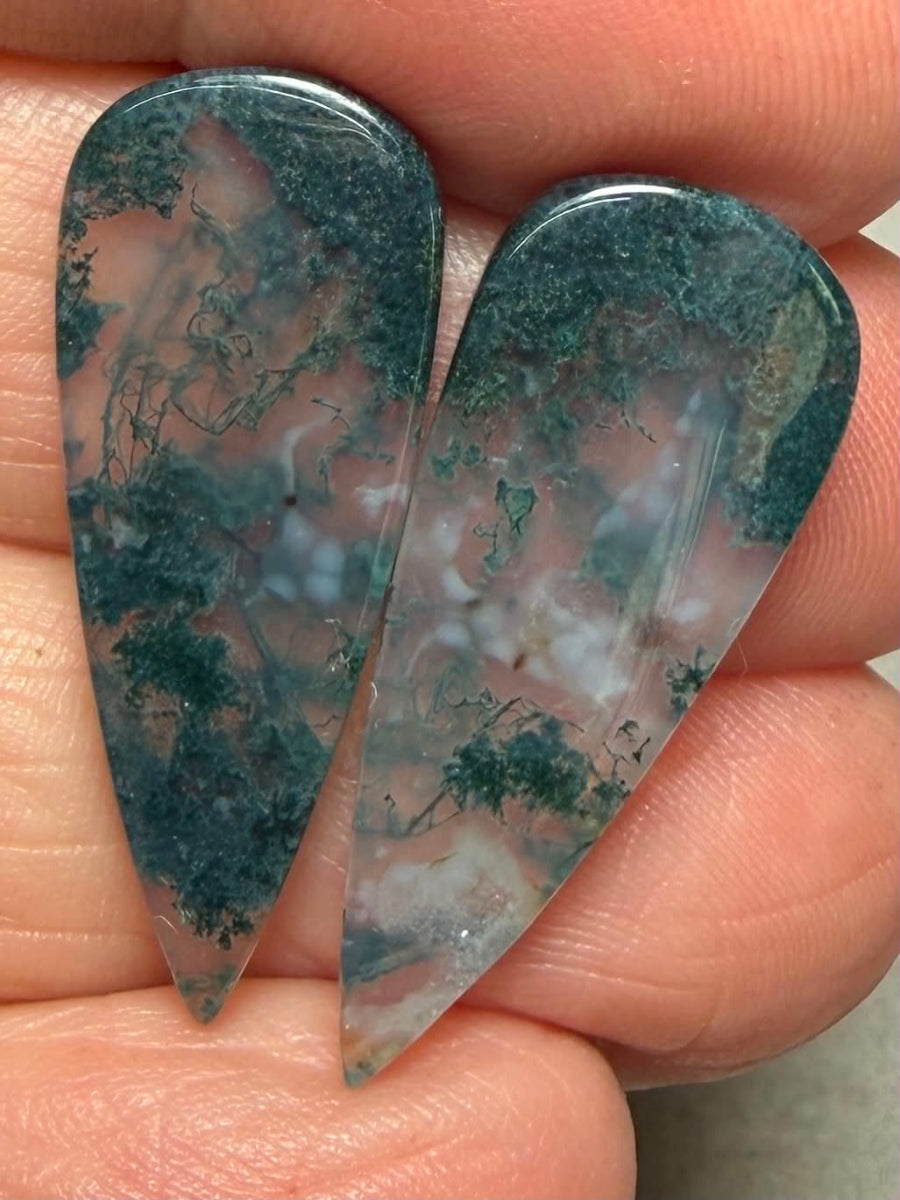 Teardrop 29x12mm Green Moss Agate Cabochon Pair 04