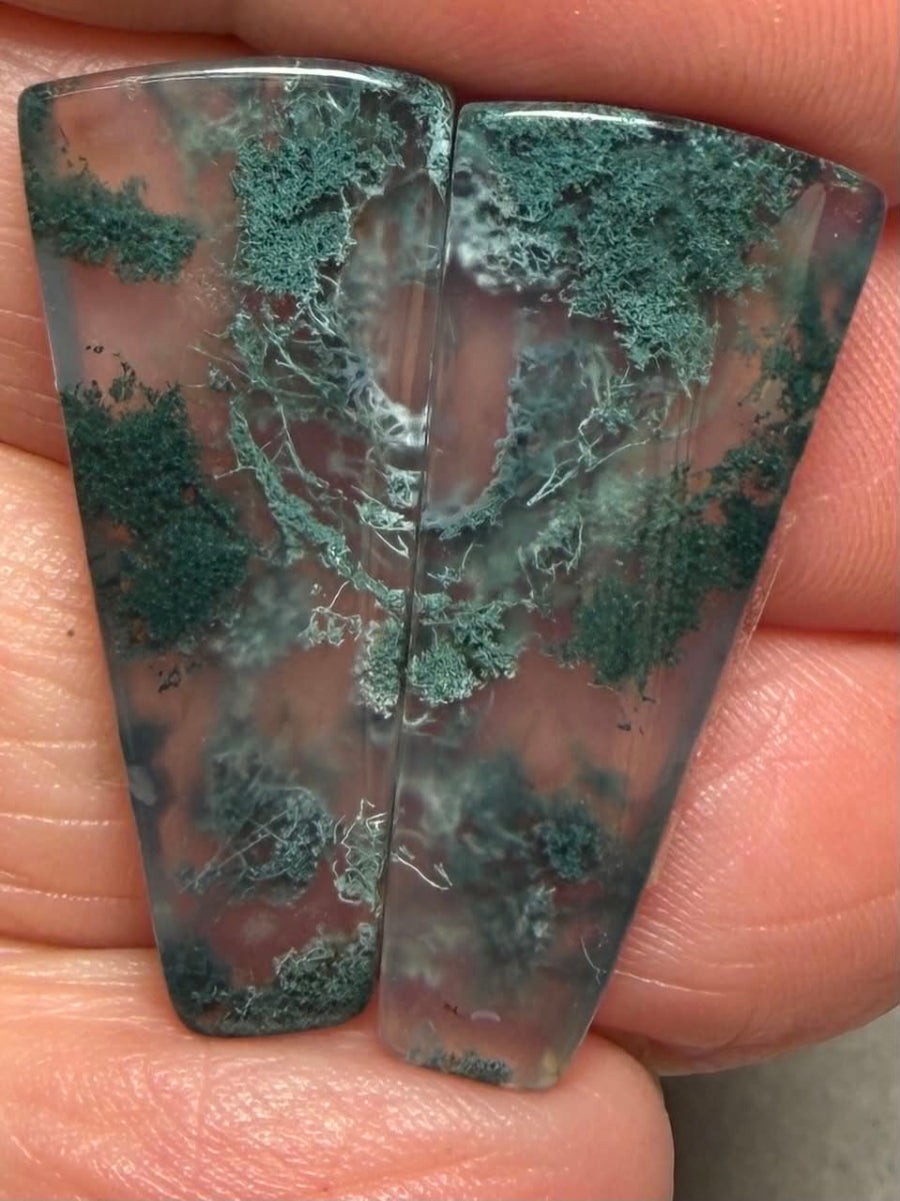Freeform 29x13mm Green Moss Agate Cabochon Pair 05