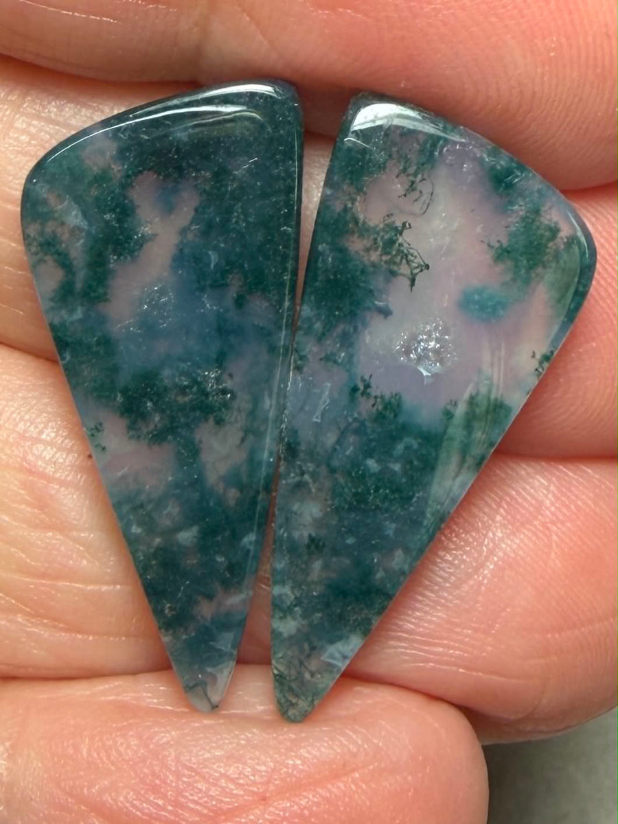 Freeform 28x13mm Green Moss Agate Cabochon Pair 06