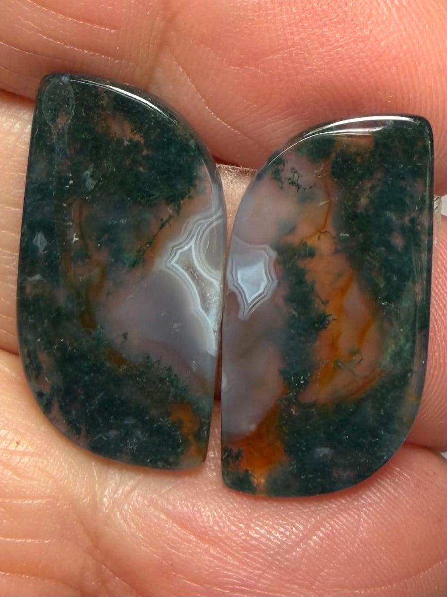 Freeform 25x13mm Green Moss Agate Cabochon Pair 07