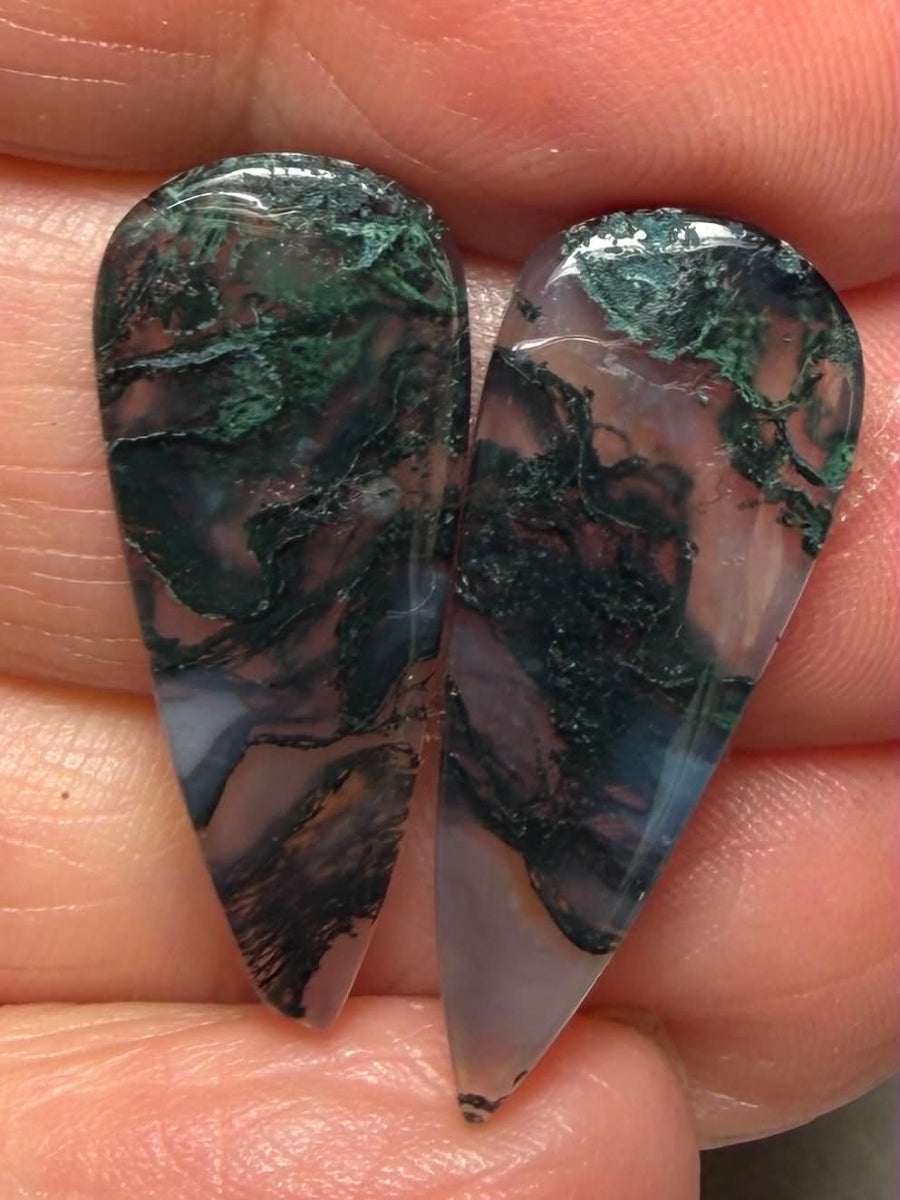 Teardrop 27x11mm Green Moss Agate Cabochon Pair 08