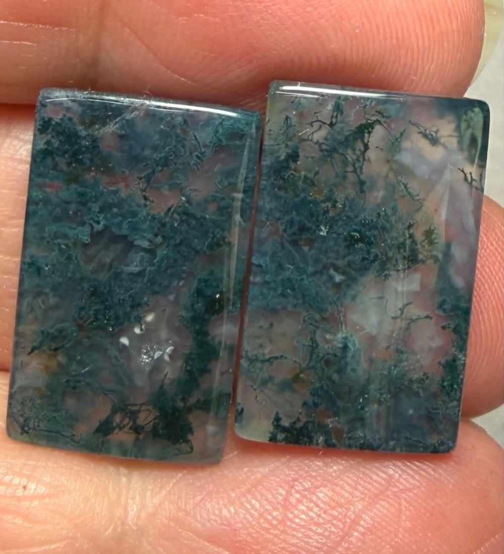 Rectangle 21x13mm Green Moss Agate Cabochon Pair 09