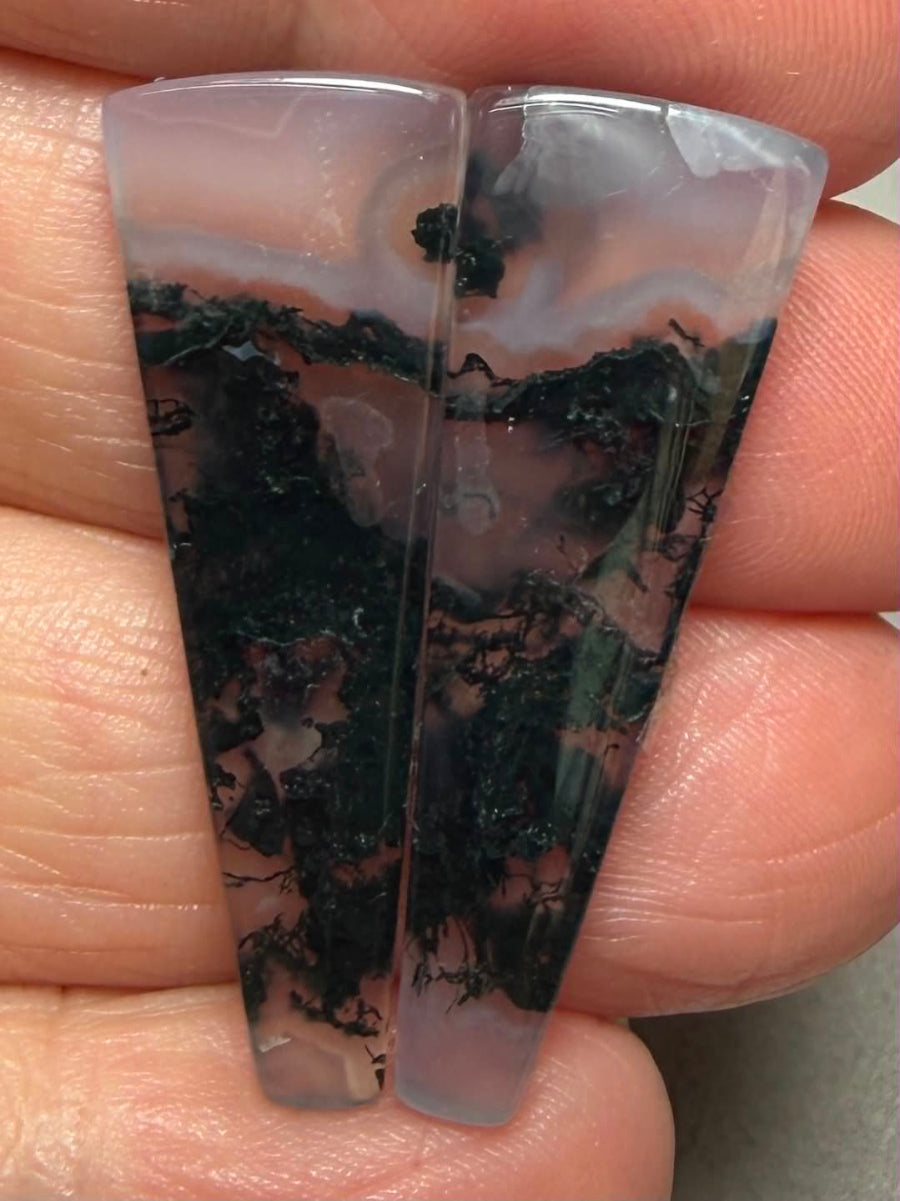 Freeform 34x12mm Green Moss Agate Cabochon Pair 11