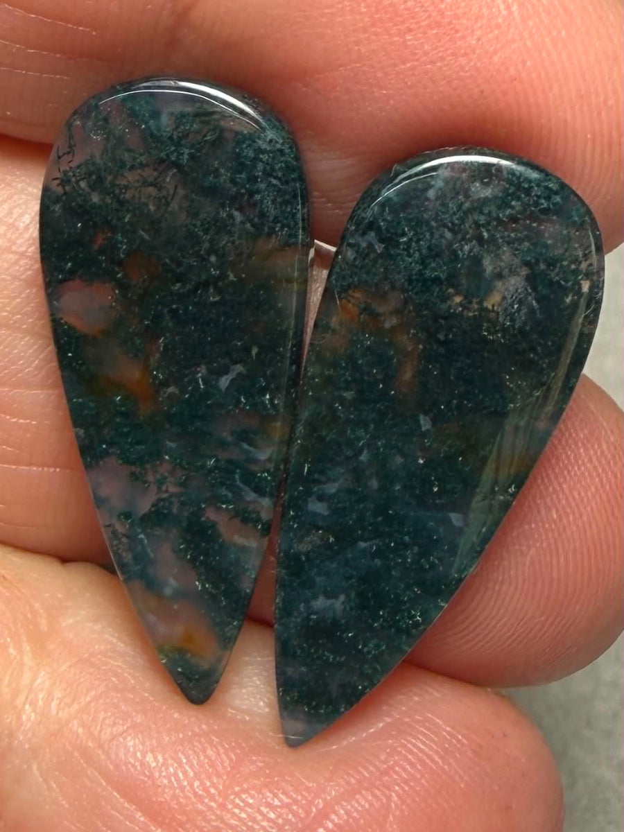 Teardrop 27x11mm Green Moss Agate Cabochon Pair 15