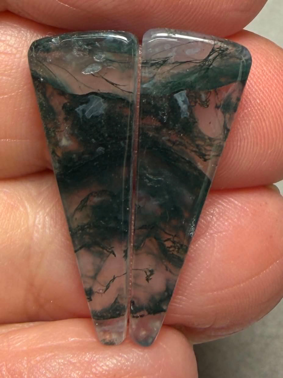 Freeform 27x9mm Green Moss Agate Cabochon Pair 16