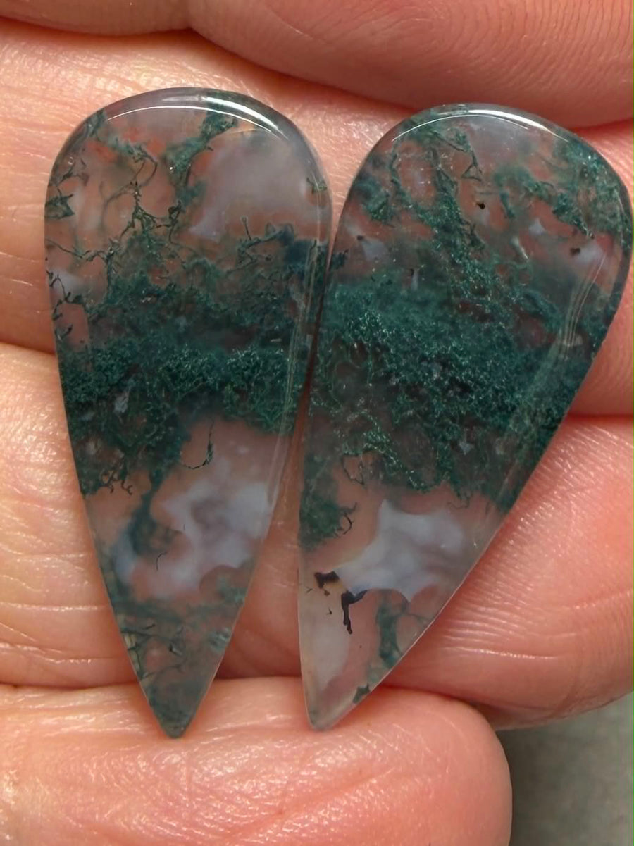 Teardrop 28x12mm Green Moss Agate Cabochon Pair 21