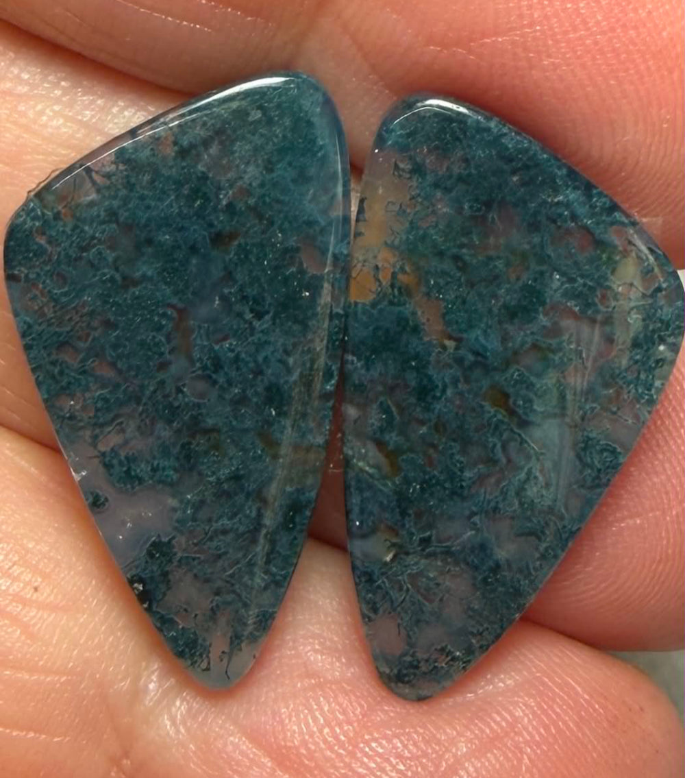 Freeform 25x14mm Green Moss Agate Cabochon Pair 23