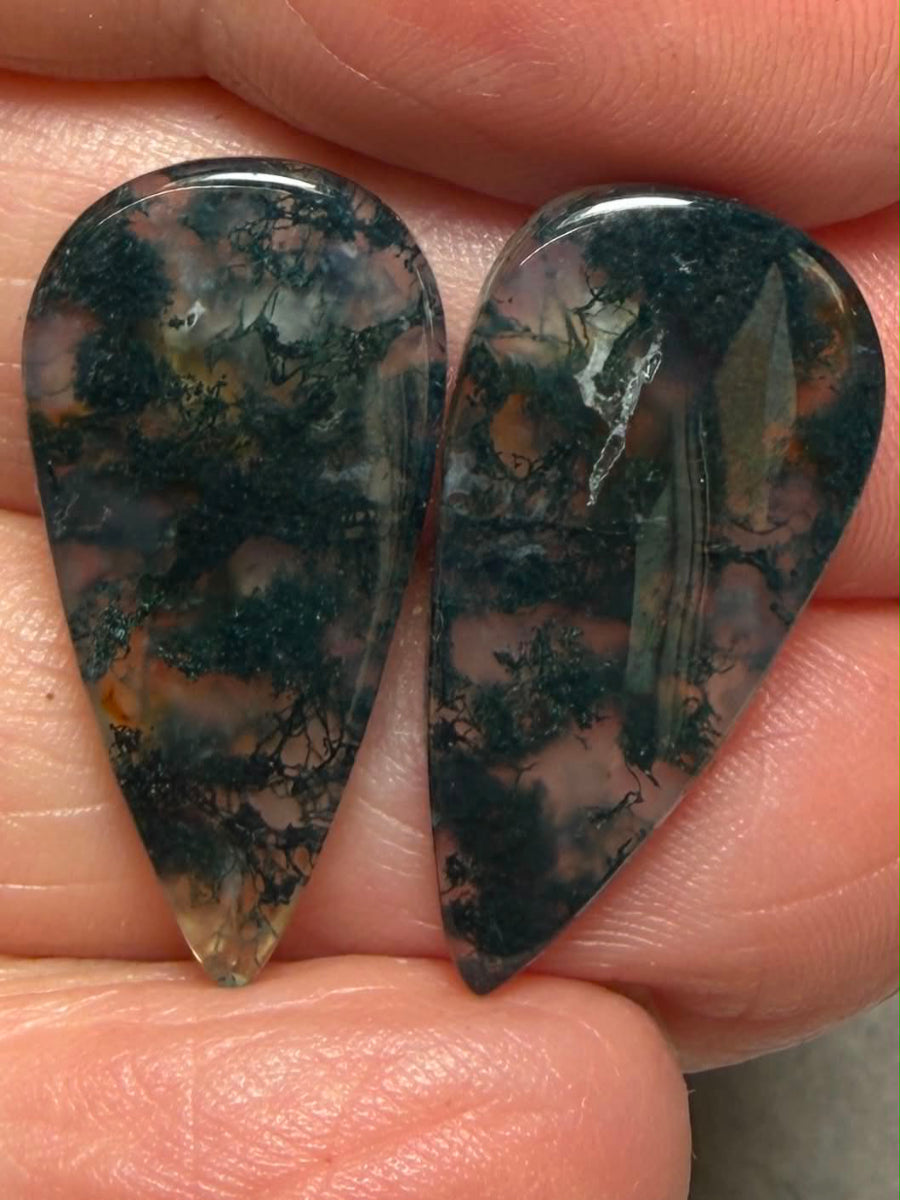 Teardrop 25x12mm Green Moss Agate Cabochon Pair 27