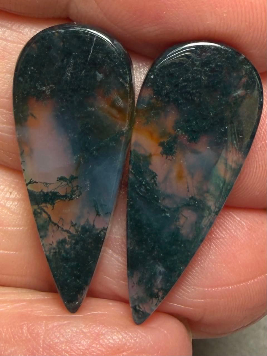 Teardrop 28x12mm Green Moss Agate Cabochon Pair 32