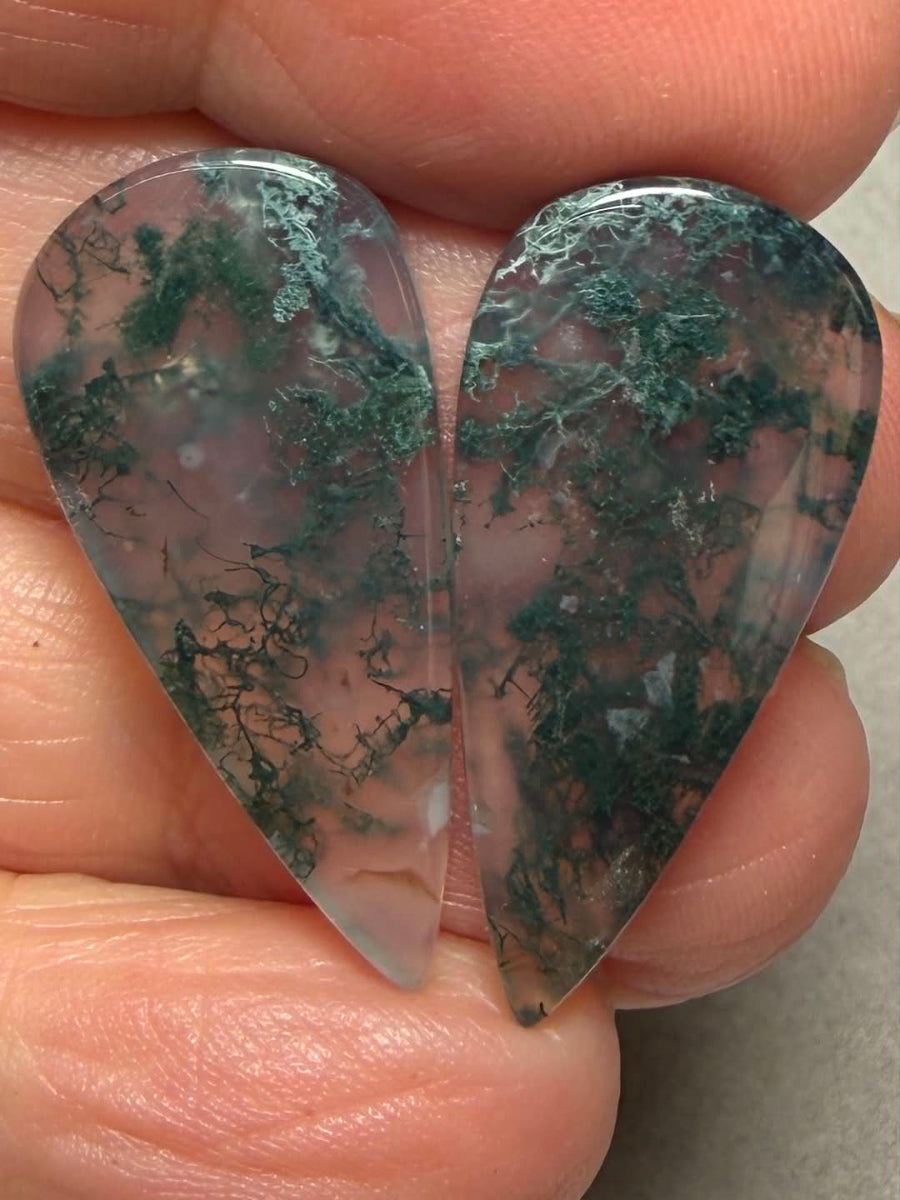 Teardrop 29x14mm Green Moss Agate Cabochon Pair 33