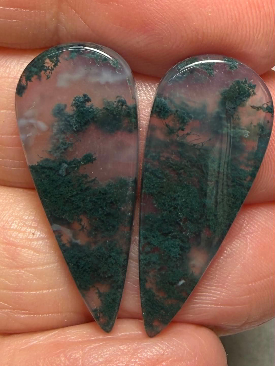Teardrop 29x12mm Green Moss Agate Cabochon Pair 40